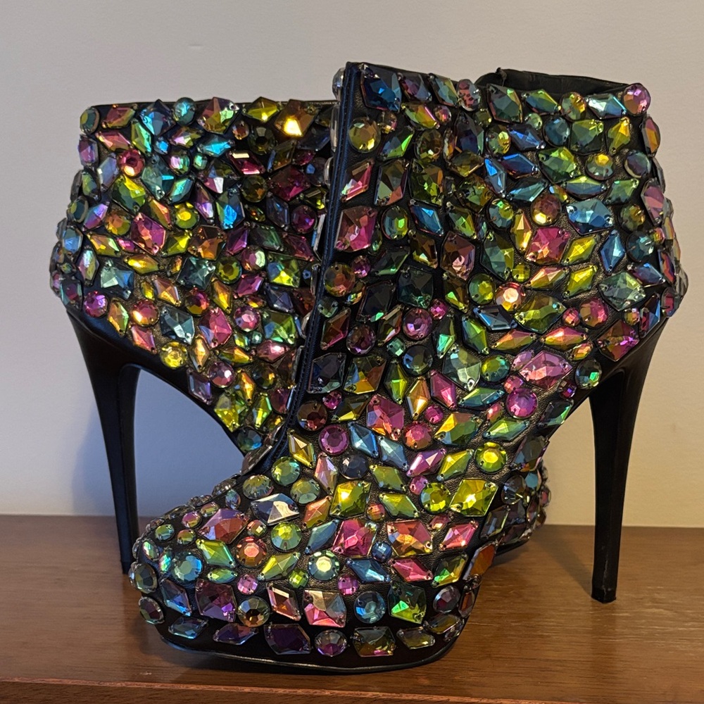 Multicolor Gemstone Embellished Ankle Boots